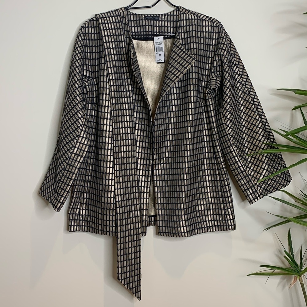 Josie Natori | NWT Tan Black Woven Metal Belted Kimono Style Jacket M MSRP $795 - Picture 3 of 17